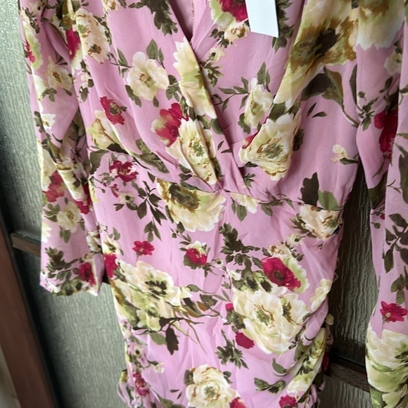 LUSH Mauve Floral Ruffle Hem Rouched Surplice Bodice Long Sleeve Mini Dress Sm - Picture 6 of 9